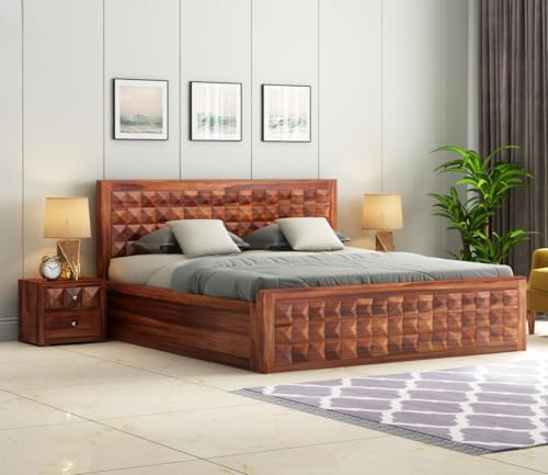 Image of King Size Sheesham Wood Box Storage Bed - Diamond Design Solid Wood Bedroom Bed | Honey Finish Wooden Cot | Eco-Friendly Handmade Indian Furniture | Modern Wooden Storage Bed