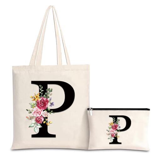 Letras Personalizadas Tote, Bolso Tote de Mujer con Inicial y Flores Bolsa de Compras con Bolsillo Interior, Alfabeto Bolso de Cosméticos Regalos para Damas Amigas Mamá Regalo de Cumpleaños Boda (P)