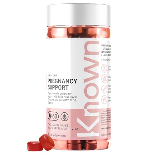 Gummies Known Apoyo Embarazo - Multivitaminas - 400µg Ácido Fólico - Para la Salud Materna - Sabor Frambuesa - 60 Gummies Veganos, 1 Mes