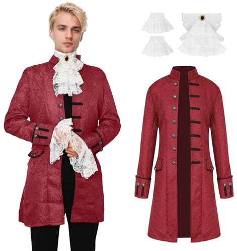 YORDET Manteau gothique steampunk pour homme - Style médiéval vintage - Redingote victorienne à boutons - Pour Halloween, carnaval, cosplay (Rouge, L)