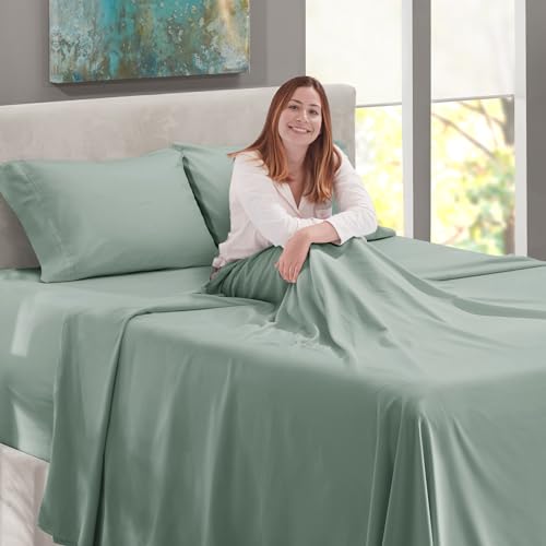 Image of Nestl Twin Size Sheet Set, 4 Piece Extra Deep Pocket (18-24 inches), Microfiber, Hotel Luxury, Soft, Breathable, Wrinkle-Free, Easy to Care, Sage Green New