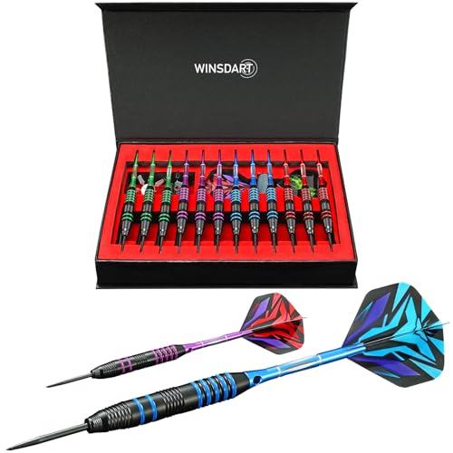 WINSDART Darts Metal Tip Set Professional Metal Darts for Dartboard Steel Tip Darts with Nonslip Iron Barrel Aluminum Dart Shafts,Extra Flights,Dart Sharpener,Gift Box