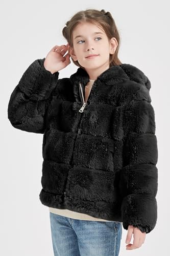 Image of Giolshon Girls Faux Fur Fleece Jacket Sherpa Fuzzy Hoodie Winter Coat with Full Zip Fluffy Outerwear 2169