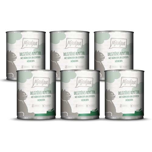 MjAMjAM - Premium Nassfutter für Katzen - deliziöses Rentier mit Hühnchen an leckeren Möhrchen, 6er Pack (6 x 800 g), getreidefrei mit extra viel Fleisch