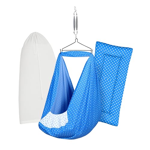 Image of Baby Cradle Set Swing /Jhula (Thottil Cloth, Palna, Dolna) | Hanging Cradle with Removable Bed, Mosquito Net, Spring, Triangle Hanger | Up to 15 kg | PRE-Dark Blue DOT