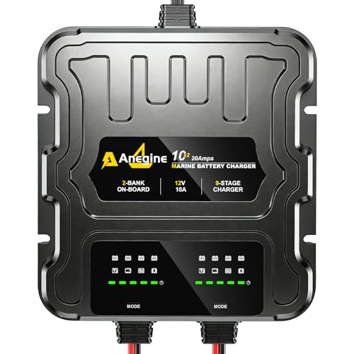 2 Bank Marine Battery Charger, 20A (10A/Bank) 12V IP68 Waterproof LCD Onboard Battery Charger with Overcharge Protection, Battery Maintainer for Lead-Acid, AGM, Gel, LiFePO4, Lithium, Boat, Car, RV