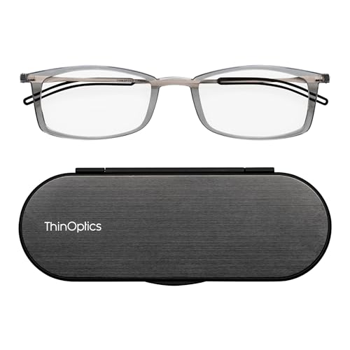 ThinOptics Reading Glasses 1.0 1.5 2.0 2.5 with Slim 4mm Magnetic Case - Ultra Light Spectacles with Rectangular Frame - Stylish Readers for Men & Women – Thin Design with Brushed Aluminium Case
