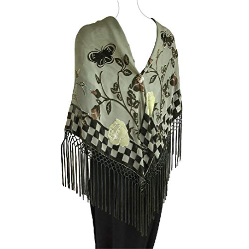 Silk Base Burn-out Velvet Square Shawl, 42"x42", 8" Net Tassel, Mult.Olive Rose2