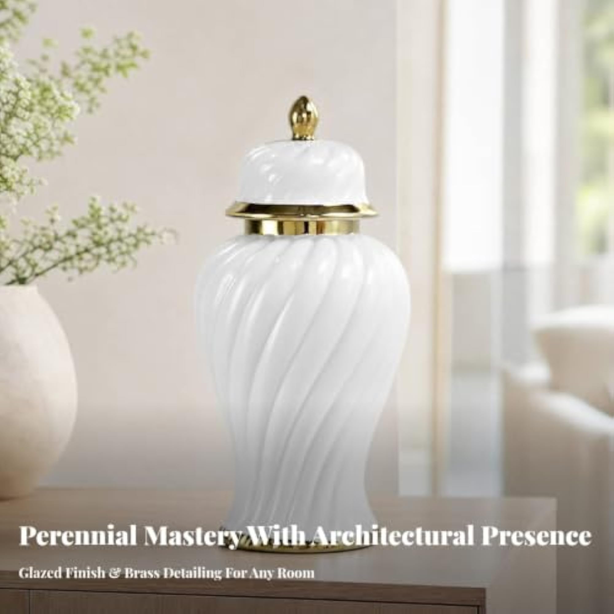 Transitional Ginger Jar with Lid, Classic Lidded Spiral-Ribbed Design