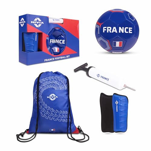 Image of Nivia Football Combo Pack of 4, 1 PVC Football, 1 Pair Shin Guard, 1 Ball Pump, 1 Carry Bag, for Kids & Adults, Size-5 (France)