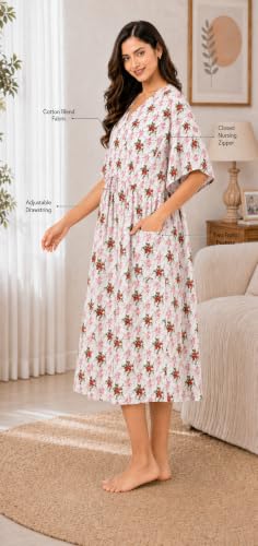 Image of Noty Women's- Kaftan | Maxi | Maternity | Feeding | Delivery Gown- Cotton Fabric- V Neck | Floral Print | 2 Pockets | Midi