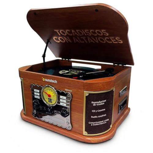 Sunstech Tocadiscos de vinilo de madera con conexión inalámbrica y altavoces estéreo 2.5 W | Giradiscos 3 velocidades 33/45/78 RPM | Reproductor CD, MP3, casete, radio AM/FM, USB y SD | Grabación MP3