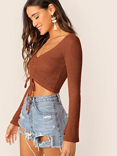 Image of SweatyRocks Women's Adjustable Drawstring String Long Bell Sleeve Rib Knit Sexy Crop Top