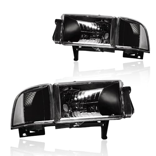 DimFlux Headlight Assembly Headlights Kit Compatible with 1994-2001 Dodge Ram 1500/1994-2002 Ram 2500 3500(DONT Fit SPORT Models or Ram VAN Models) Replacement Headlamp Black Housing Clear Reflector
