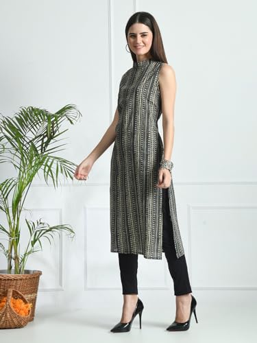 Image of feranoid Unique Printed Choker Neck Back Button Sleeveless Long Kurti