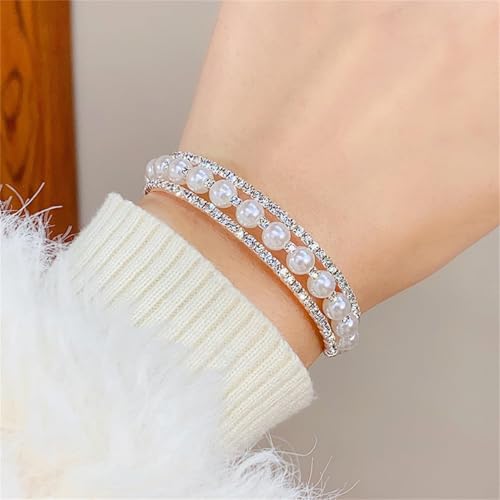 Pearl Stretch Cuff Bracelets for Women Imitation Pearl Wedding Bracelets for Brides Adjustable Multilayer Rhinestone Bracelet for Women Holiday Party Jewelry2