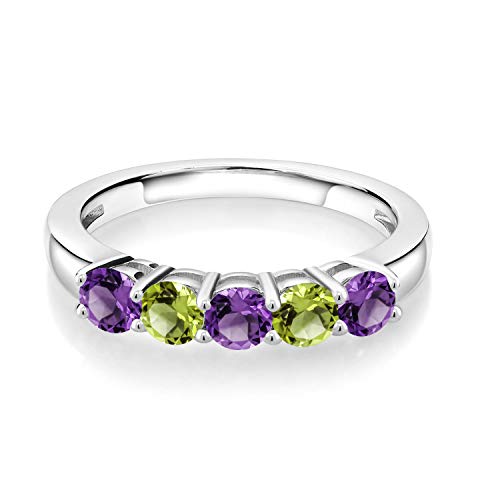 Gem Stone King 925 Sterling Silver Purple Amethyst and Green Peridot Wedding Band Ring For Women (0.89 Cttw, Round 3.5MM, Gemstone February Birthstone, Available In Size 5, 6, 7, 8, 9)2