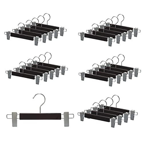 タマトシ 木製 ハンガー フック 360度回転 すべらない ズボン パンツ スラックス スカート 天然 高級 木 おしゃれ 店舗 収納 クリップ 45cm幅 50本組 ダークブラウン