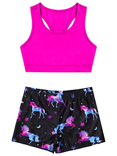 Kids Girls 2 Pieces Active Outfit Racer Back Sports Bra with Booty Shorts Ballet Dancewear