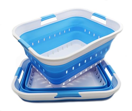Image of SAMMART 42L (11 gallon) Collapsible Plastic Laundry Basket - Foldable Pop Up Storage Container /Organizer - Portable Basket - Space Saving Hamper /Basket (2, White /Marine Blue)