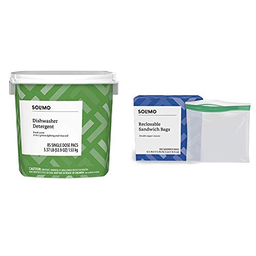 Amazon Brand - Solimo Dishwasher Detergent Pacs, Fresh Scent, 85 Count & Solimo Sandwich Storage Bags, 300 Count