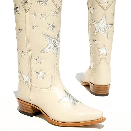 Image of YIYA Women's Star Cowboy Boots Black and White Cowgirl Boots with White Stars Pointed Toe Chunky Low Heel Pull-On Wide Calf Western Embroidered Boots