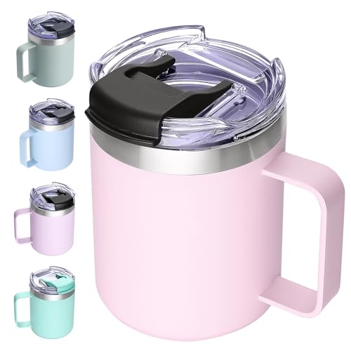 Image of 12oz Insulated Coffee Mug Cup with Handle, Stainless Steel Travel Coffee Mug with Flip Lid, Double Wall Vacuum Coffee Tumbler,Blush