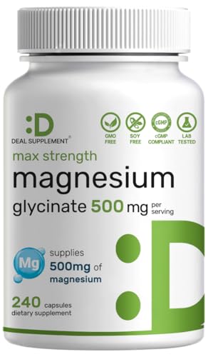Max Strength Magnesium Glycinate 500mg Per Serving, 240 Capsules | 100% Chelated for Easy Absorption | Essential Mineral Supplement for Muscle, Sleep, & Heart Health