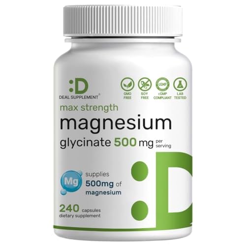 Max Strength Magnesium Glycinate 500mg Per Serving, 240 Capsules | 100% Chelated for Easy Absorption | Essential Mineral Supplement for Muscle, Sleep, & Heart Health