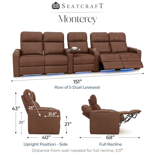 Image of Seatcraft Monterey Home Theater Seating Tobacco Row of 5 Dual Loveseats | Italian Leather, Wall Hugger, Zero Gravity, Powered Headrest, Power Recline, Zero Gap, USB charging