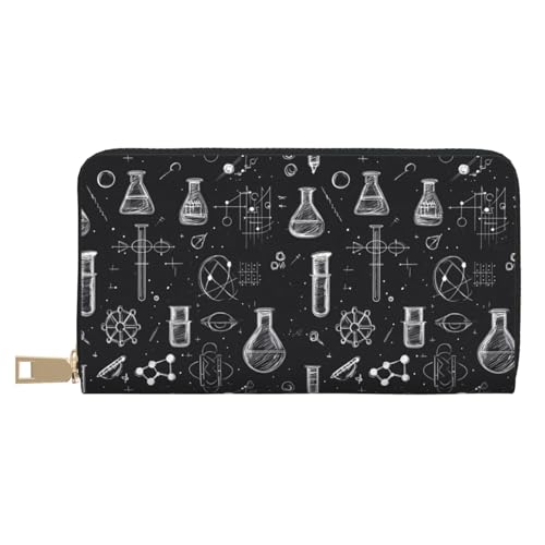 Leather Thin Slim Wallets for Women & Men - Science Lab Doodle Pattern Print Card Wallet Holder with Zipper