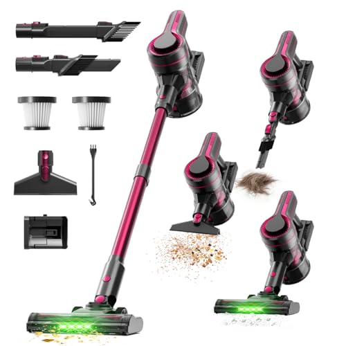 Cordless Vacuum Cleaner for Home,600W 40000PA 70Mins, Self-Standing,Powerful Suction Anti-Tangle Long&Pet Hair, Easily Picks Up Hard/Soft Debris for All Surfaces:Hardwood Floors,Tile,Carpet (Fuchsia)