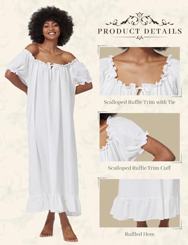 BEAUZSUZSANA Women's Nightgown 100% Cotton Victorian Vintage Nightwear Short Sleeve Scoop Neck (Small) Ivory - image 4