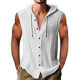 Soldes Chemise Lin Homme Slim Fit Couleur Uni Henley Shirts Casual Chemise Blanche Hommes sans Manches Chemises en Lin Homme Été à Capuche Haut Blouse Boutonnés Hoodie Cordon De Serrage Pas Cher