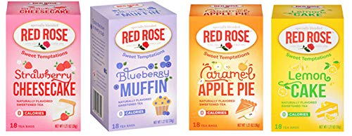 Red Rose Sweet Temptations Herbal Tea 4 Pack Gift Set! Includes Flavors Such As: Strawberry Cheesecake, Lemon Cake, Blueberry Muffin, Caramel Apple Pie! Your Favorite Desserts In A Delicious Drink!