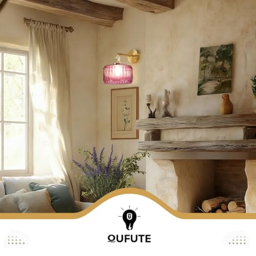 Image of Nordic Pink Glass Sconce Vintage Wall Light 90 Adjustable Gold Rod | Bathroom Light Fixture Vanity Light Pink Striped Glass,Mid Century Antique Style E26 Base,Mirror,Bedroom,Living Room,Hallway