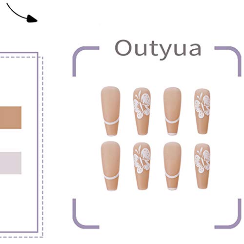 Outyua Matte Butterfly Extra Long Press on Nails Nude Coffin Fake Nails French Cute False Nails Nallerina Full Cover Acrylic Nails for Women and Girls 24Pcs