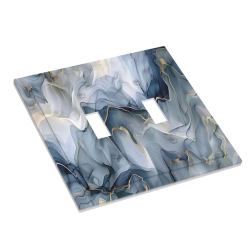 Decorative Switch Plate Covers Abstract Ink Blue Marble Glod Line Texture 2 Gang Light Switch Cover Plate Unique Double Toggle Wall Plate Light Switch Covers for Bathroom Decor