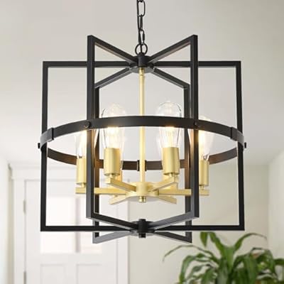 EGM Modern Black and Gold Lantern Chandelier 20-Inch, 6-Light Farmhouse Foyer Lighting Fixtures, Industrial Living Room Chandelier for Entryway, E26
