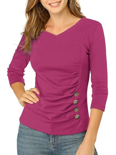 Image of Allegra K Women's V Neck Tops 3/4 Sleeve Knitted Button Decor Ruched Blouse