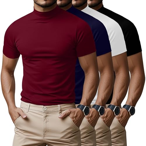 Ficerd 4 Pack Men's Mock Neck T Shirts, Short Sleeve Mock Turtleneck Undershirt Pullover Basic Causal Solid Tee Tops for Men