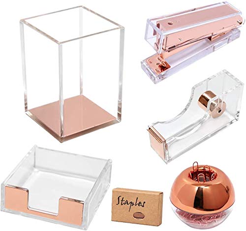 Multibey Clear Acrylic Desk Organizer Set - Include Paper Clips Tape Dispenser with Adhesive Tape Stapler Sticky Pad Holder Office Supplies Room Decor for Women Girls (Rose Gold, 5pcs set)