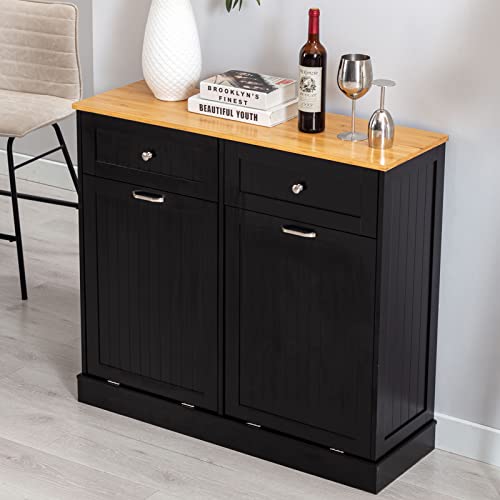 Gitua Double Tilt Out Trash Cabinet 20 Gallon, Freestanding Wooden Kitchen Trash Recycling Cabinet with Drawer & Removable Cutting Board, Dog Proof Trash Can Cabinet, Black