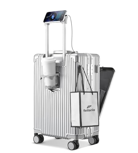 feilario 20in Aluminium Frame PC Hard Shell Spinner Wheels Luggage, Built-In TSA lock Carry on Suitcase, with Cup Holder, USB Port, Phone Holder