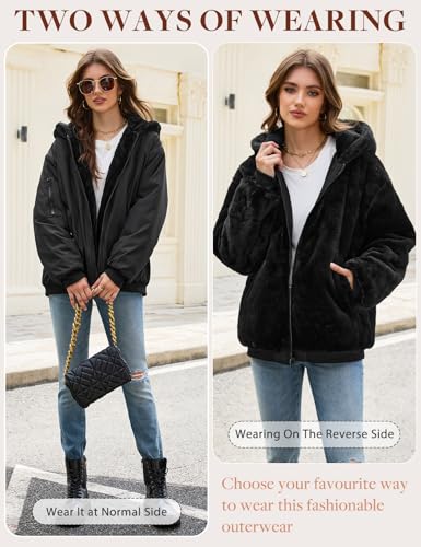 Vancavoo Winterjacke Damen Warm Fleece Gefütterter Wintermantel Winter Sweatjacke Kurz Mantel Puffer Jacke Fleecejacke Kapuzenpullover mit Kapuze für Teenager Mädchen,Schwarz,L