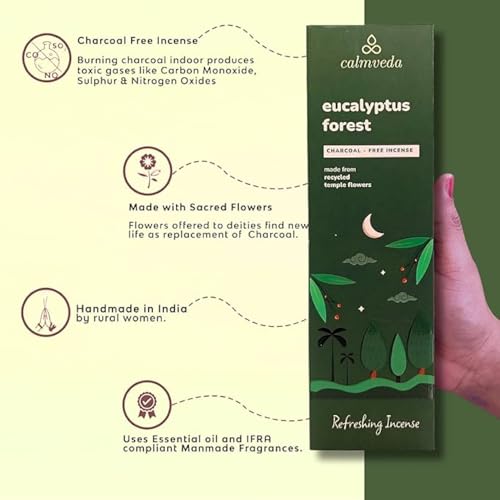 Calmveda Forest Eucalyptus Incense Sticks - 80 Charcoal Free Incense Sticks, Made from Upcycled Flowers | Crisp, Refreshing Aroma of Rainforest Incense, Transports You to Eucalyptus Forest
