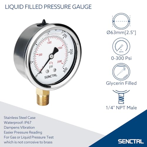 SENCTRL 0-300 Psi Glycerin Liquid Filled Pressure Gauge, 2.5" Dial Size, 1/4" NPT Lower Mount, Stainless Steel Case, for Propane Nitrogen Air Co2 Gas Water Oil Hydraulic Pressure Test