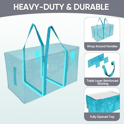 TICONN 2 Pack Extra Large Moving Bags with Zippers & Carrying Handles, Heavy-Duty Storage Tote Moving Boxes for Space Saving (2 Pack, Aqua) - Image 3