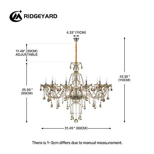 Ridgeyard 10-Light Crystal Chandelier Cognac/Champagne Modern Chandelier K9 Crystal Candle Pendant Ceiling Lighting Fixture, Chandeliers For Dining Room Home Decor #TOP1