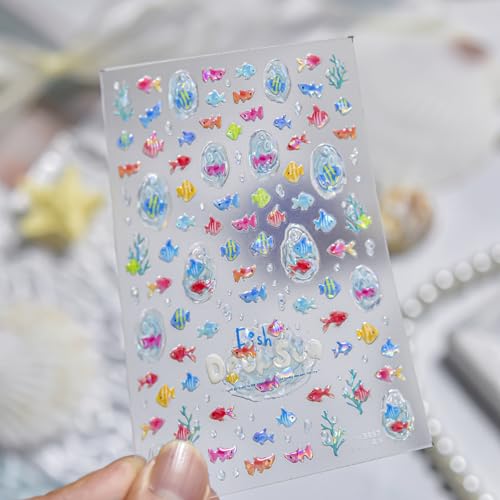 Image of Tropical Fish Nail Stickers Summer Nail Art Stickers Ice-Transparent Design 5D Embossed Self Adhesive Nail Decals for Women Manicure DIY Decoration Accessories